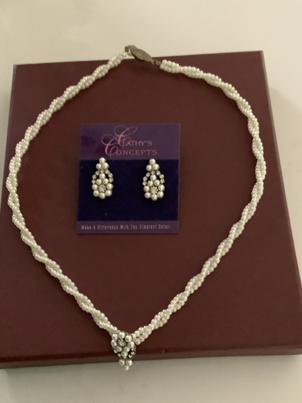 Vintage by Cathy’s Design~White Pearl Twisted Necklace with Cluster Earrings